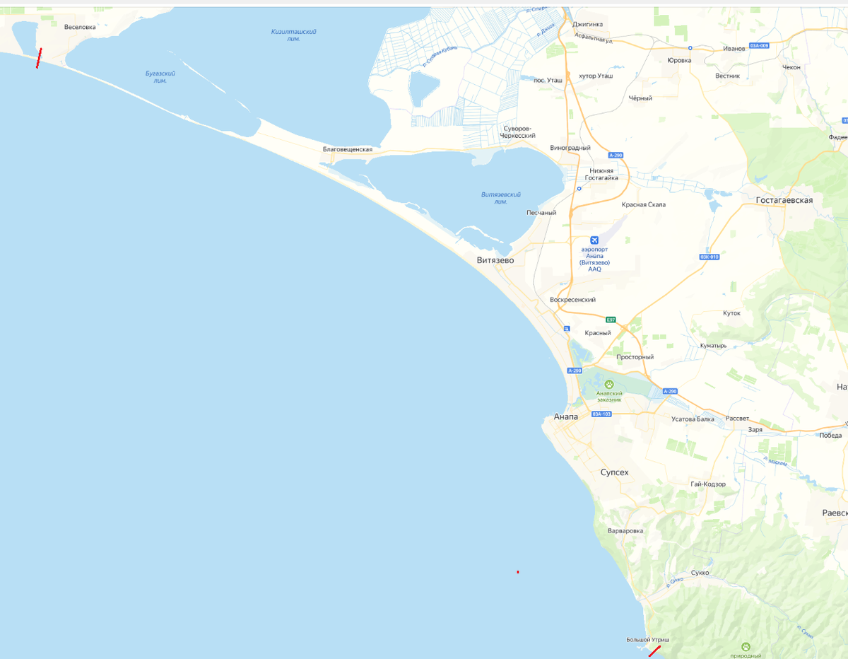 Границы "опасной зоны" от поселка Веселовка до заповедника «Утриш»