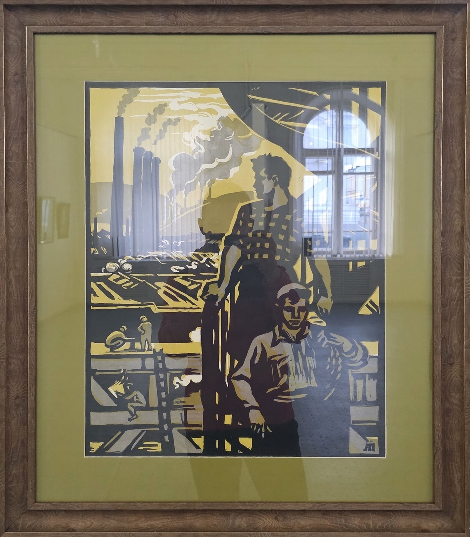 А.П. Плахов. Монтажники, середина 1960-х. Авторская цветная литография