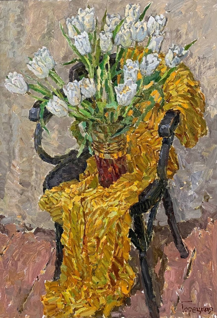 Полина Горецкая "Белые тюльпаны" 2023 картон, масло 100х70