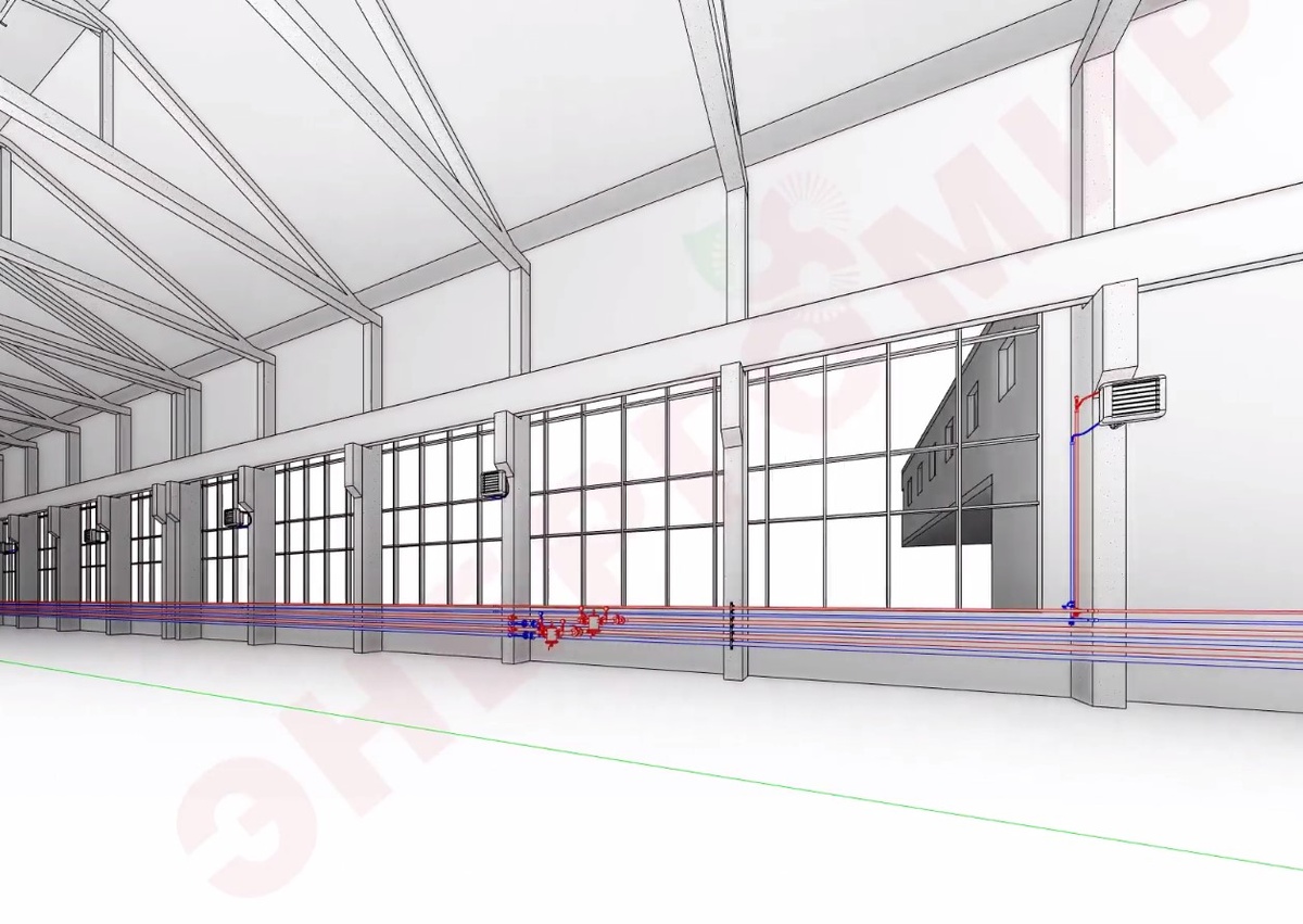 Фрагмент 3D-визуализации проекта отопления цеха водяными теловентиляторами