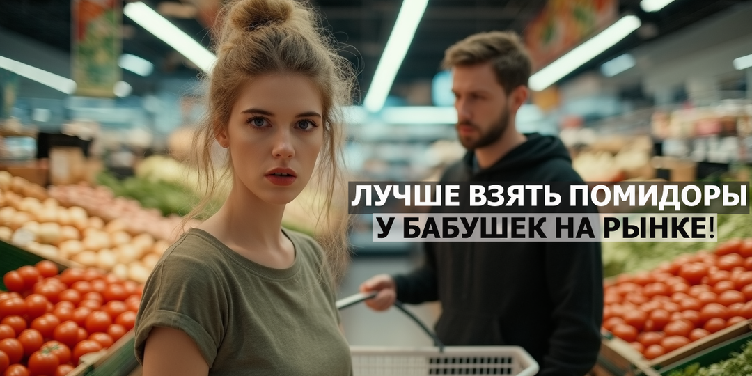 Я не буду есть эти стеклянные помидоры! Давай лучше возьмем у бабушек на рынке настоящие!