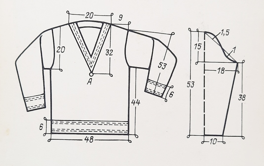 Детали вяжите снизу вверх по выкройке. На спинке петли горловины оставьте открытыми. Отутюжьте детали и сшейте. Левое плечо сшейте полько до половины, оставив не сшитым у горловины. Петли горловины спинки посадите на спицу. Теперь приступайте к обработке горловины: по лиц.стороне модели, начиная от левого плеча переда, наберите коричневой нитью лиц.п. из кромочных п.горловины(из каждой кромочной по одной п.). Этой же нитью провяжите лицевыми петли горловины спинки. Повернув вязанье, следующий ряд вяжите лиц.петлями беж.нитью. В точке А(см.выкройку) провязывайте изн.петлей по 3 п.вместе и так в каждом последующем ряду. Следующий ряд вяжите корич.нитью, далее беж.и закончите работу 2-3 рядами лиц.петель из корич.нити. После этого сшейте левое плечо и планку горловины.