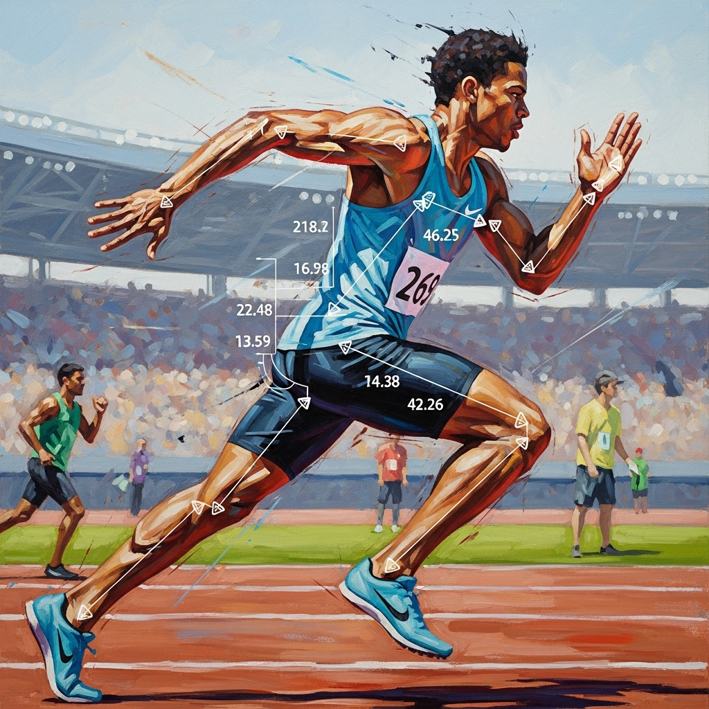 Масляная живопись бегущего в движении, с наложенными данными биомеханического анализа, показывающими векторы силы и углы суставов