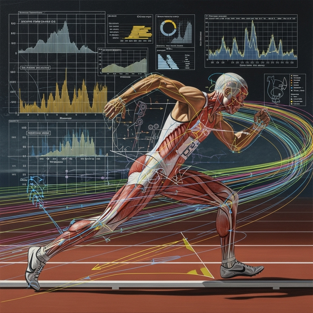 Картина, изображающая научный анализ спортивных результатов, с видимыми данными и биомеханическими диаграммами