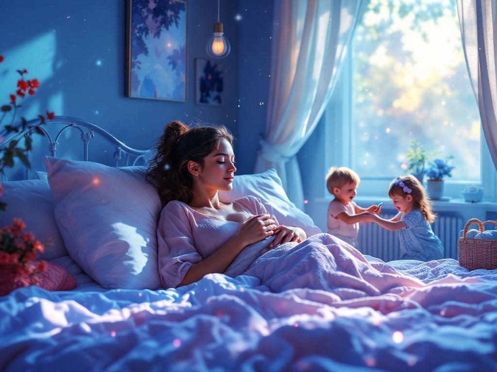    К чему такое снится: Художник изображает женщину в солнечной комнате, держащую на руках троих младенцев. Окружение - просторное и светлое, с элементами детской комнаты. В углу играют дво