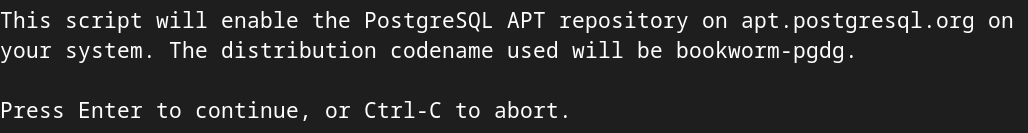 Соглашаемся на добавление репозитория apt.postgresql.org, нажав Enter