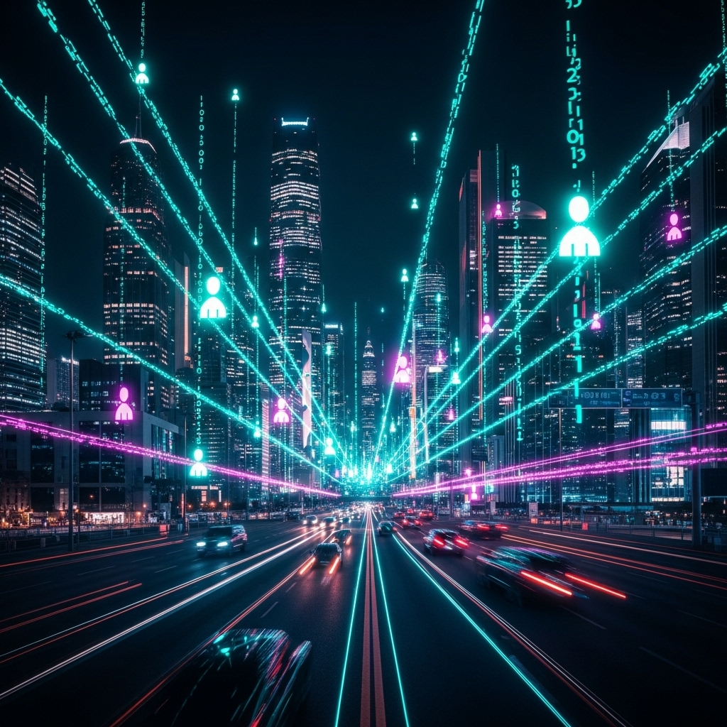 Футуристический ночной город с сияющими потоками данных, представляющими личную информацию, отслеживаемую алгоритмами ИИ