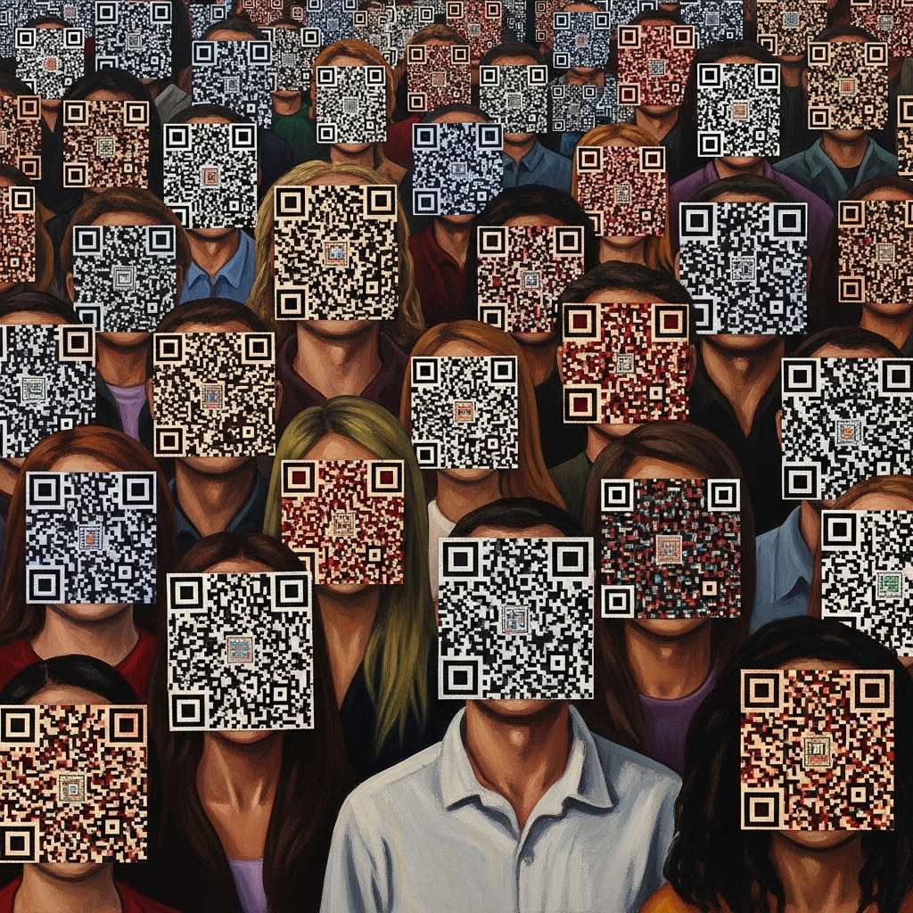 Картина, изображающая толпу людей, лица которых заменены QR-кодами, представляющая анонимность и оцифровку личностей