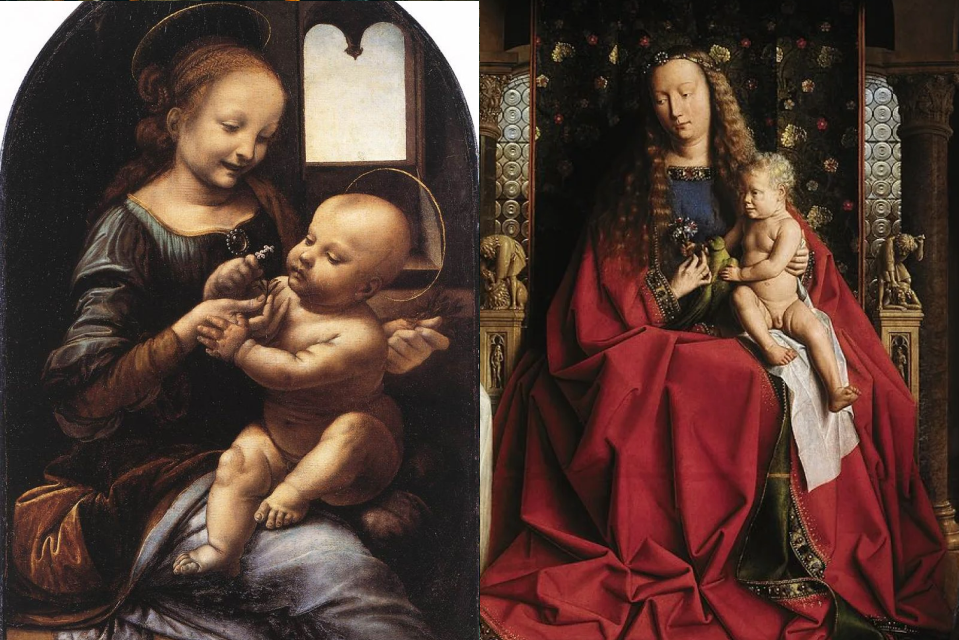 Слева: Леонардо да Винчи «Мадонна Бенуа», 1475—1478 — Итальянское Возрождение 
Справа: Ян ван Эйк «Мадонна каноника ван дер Пале», ок. 1434—1436 — Северное Возрождение