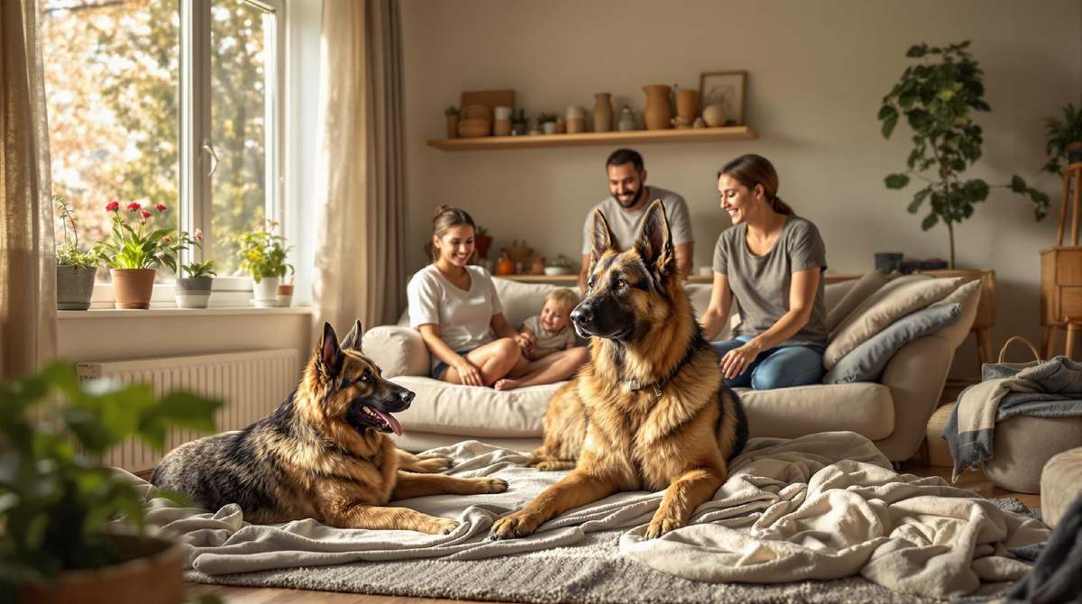Две немецкие овчарки отдыхают на полу уютной гостиной, рядом семья с детьми — дружелюбные собаки, безопасность, комфорт и гармония в доме, счастливое общение людей и домашних питомцев.