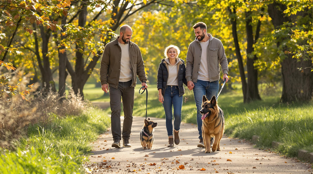 Трое взрослых гуляют по парку с двумя собаками — немецкая овчарка и корги на поводках, солнечная осенняя аллея, активный отдых, забота о питомцах, дружная компания и радость прогулки на природе.