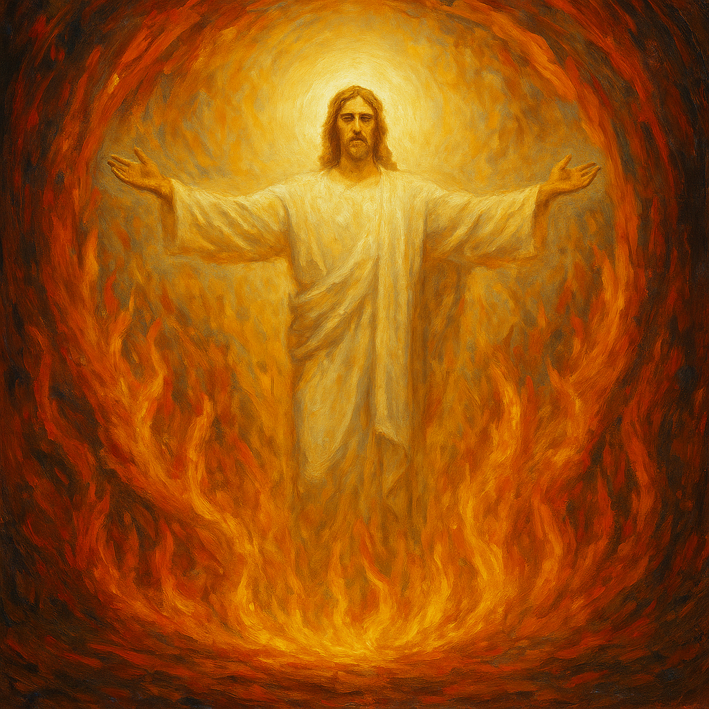 Это изображение символизирует абсолютную и несмешиваемую природу Духа и Света. В центре — фигура в сияющем белом одеянии, стоящая в позе раскрытых объятий. Её лицо спокойно, исполнено непоколебимого мира. Вокруг неё бушует огонь — яркий, многослойный, охватывающий всё пространство, но не касающийся её. Это не разрушительный огонь, а огонь различения, очищающий и отделяющий тьму от Света. Он окружает, но не поражает. Он свидетельствует: здесь — граница.

Свет, исходящий от фигуры, не просто освещает — он поглощает всю возможную тьму. Это не человек, стоящий среди стихий, — это проявление Сущего, неподвластного элементам. Всё в образе говорит: «У тебя не может находиться ни гадатель, ни чародей, ни ворожея» — не потому, что запрещено, а потому что невозможна их природа в присутствии этого Света.

Желто-золотое сияние венчает голову фигуры, раскрывая её как источник Жизни, не имеющей двойственности. Это существо не борется с огнём — оно утверждает невозможность его влияния. Контраст пылающих языков и безупречного белого Света подчёркивает абсолютную чистоту того, кто пребывает в Духе.

Это фото — не иллюстрация, а утверждение:
Дух — не допускает.
Свет — не совмещается.
И если ты — Свет,
тогда даже образ тьмы не может находиться у тебя