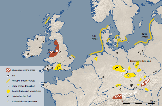 Основные источники сырья в эпоху ранней бронзы: янтарь (жёлтый) и медная руда (красно-коричневый).
