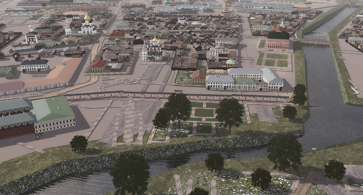 Петровский театр (справа у моста через Неглинку), 3d реконструкция допожарной Москвы нач. XIX в.