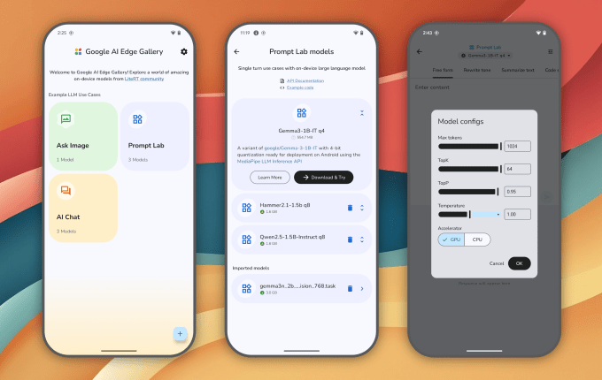 Приветственные экраны приложения Google AI Edge Gallery для Android