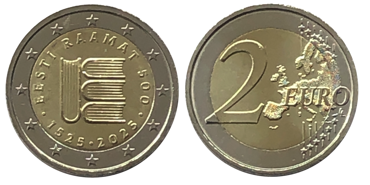 фото из сети Интернет. Монета 2 евро - 500-летия первого печатного текста на эстонском языке