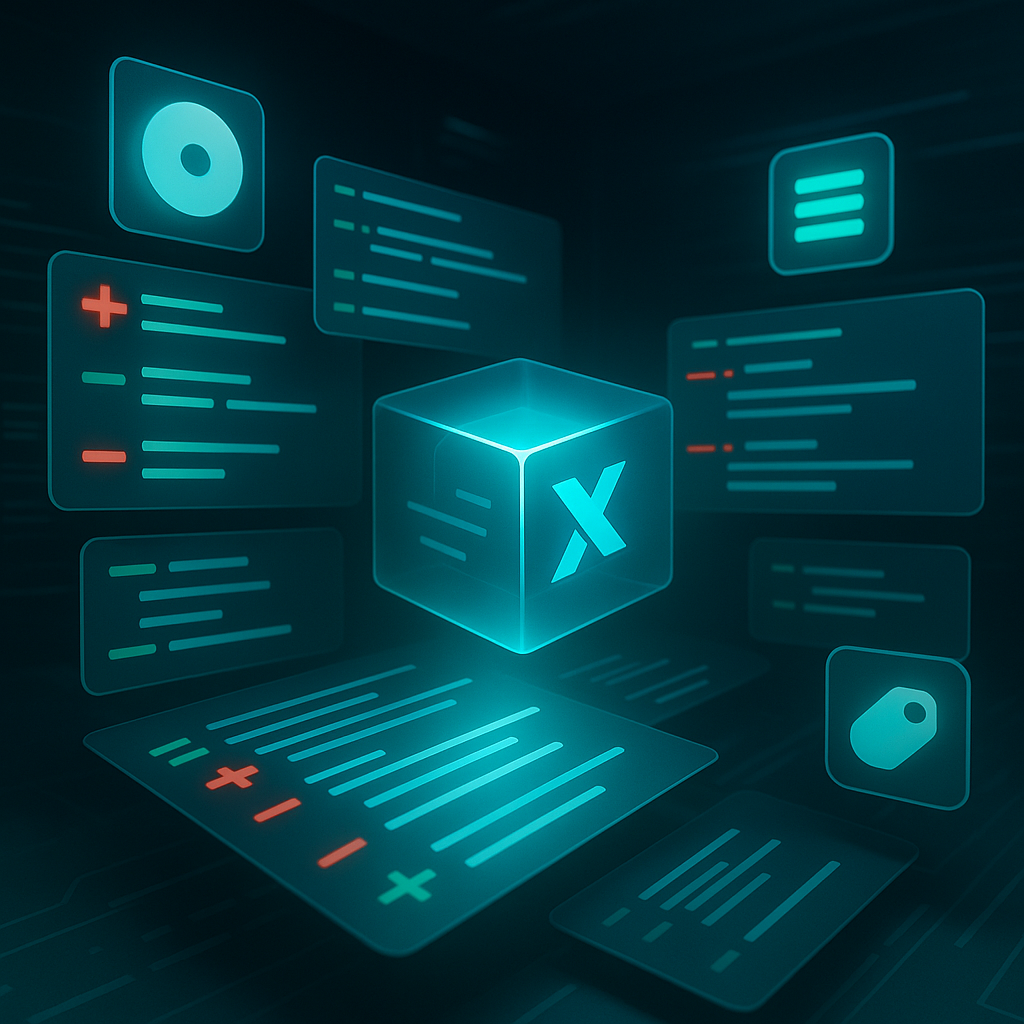 Трёхмерное «облако» изменений кода: полупрозрачные панели с подсвеченными плюсами и минусами парят вокруг сияющего куба, символизируя новый расширяемый формат DiffX.