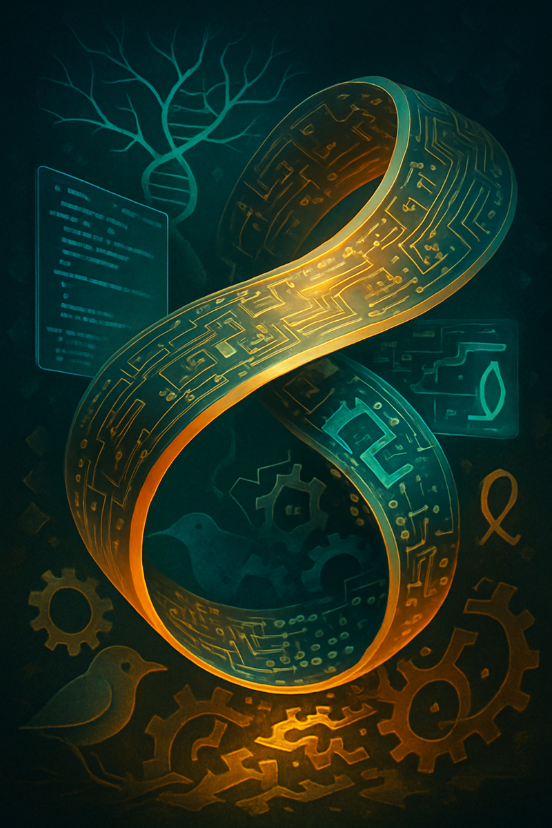 Золотисто-бирюзовый «мёбиус-код» из микросхем символизирует самоконструирующийся ИИ, окружённый шестернями эволюции, ДНК-ветвью и тенями дарвиновских птиц.