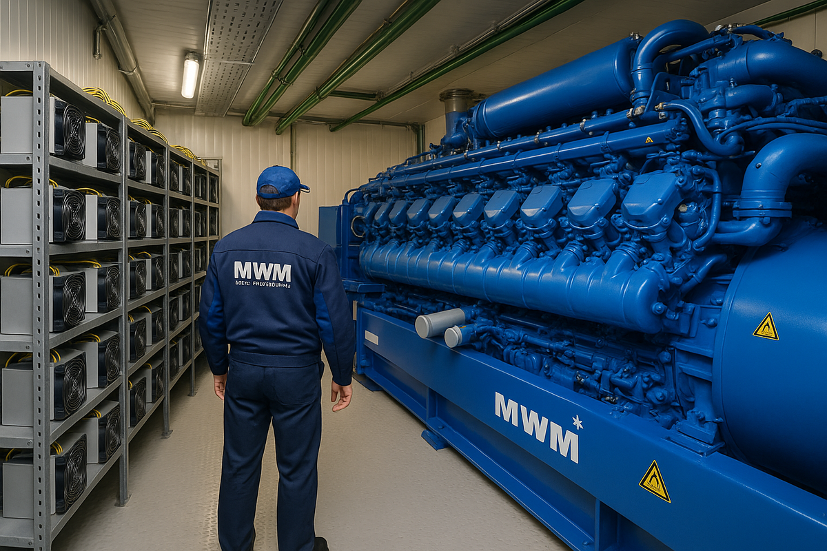 картинка майнинг фермы подключенной к мини-ТЭЦ на базе двигателя MWM