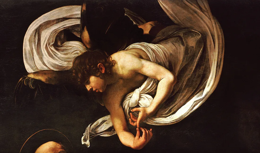 Деталь из «Вдохновения Святого Матфея» (1602), Караваджо. Масло на холсте. 300,2 × 190,5 см. Капелла Контарелли, церковь Сан-Луиджи-дей-Франчези, Рим, Италия