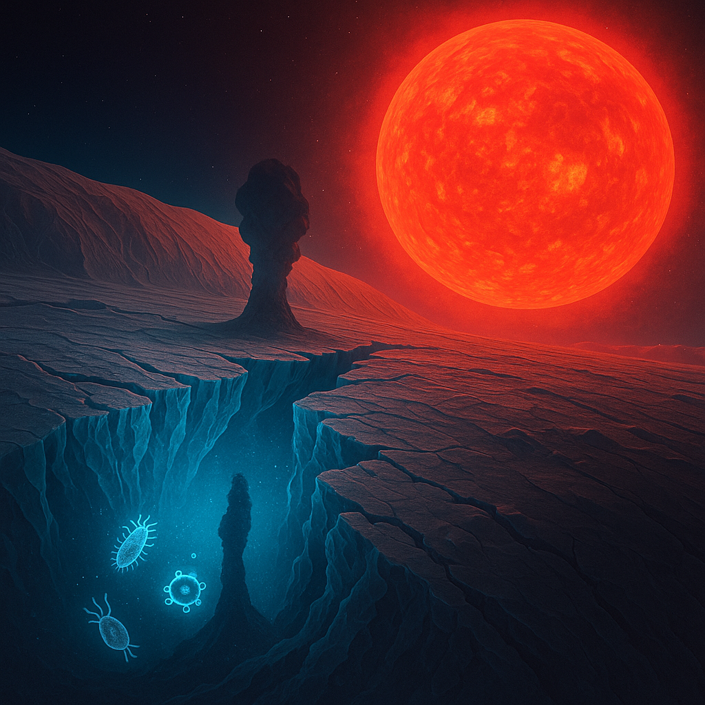 Ледяная корка Европы трескается, открывая сияющий океан с гидротермальным источником и микробами, а над горизонтом пылает красный гигант — напоминание, что жизнь может выжить даже после смерти Солнца.