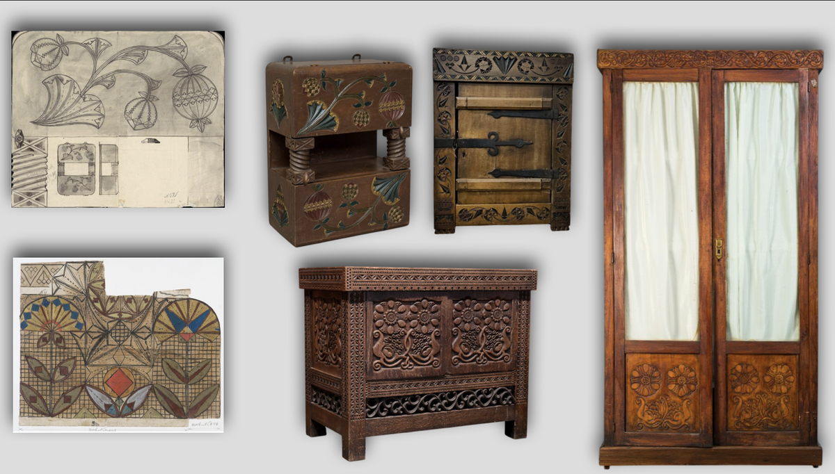 Эскизы Елены Поленовой и изделия Абрамцевской столярной мастерской. Работы сделаны по эскизам Е.Д. Поленовой и Н.Я. Давыдовой