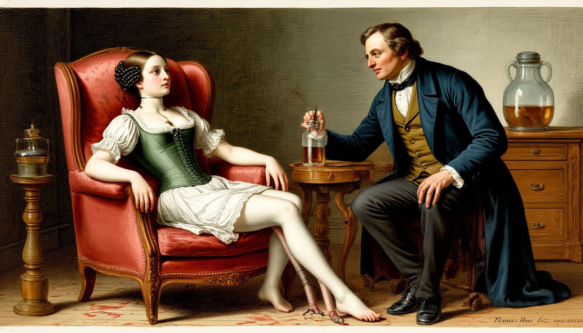 19 век. Врач ставит пиявки. врачи врили, что "обновление" крови может спасти от несчастной любви.