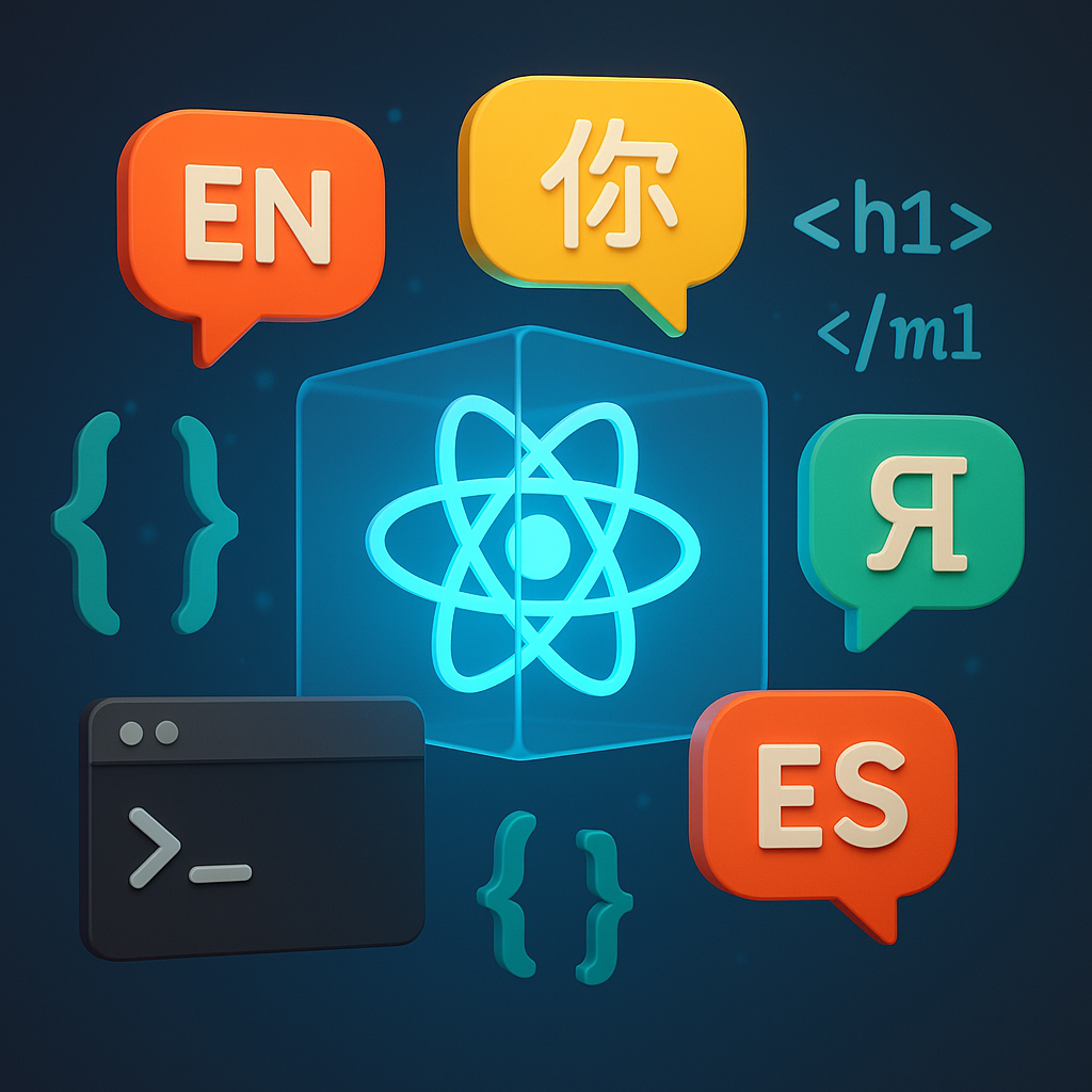 Сияющий куб с логотипом React окружён яркими языковыми «пузырями», терминалом и фигурными скобками кода — визуальный символ локализации приложения без переписывания исходника.