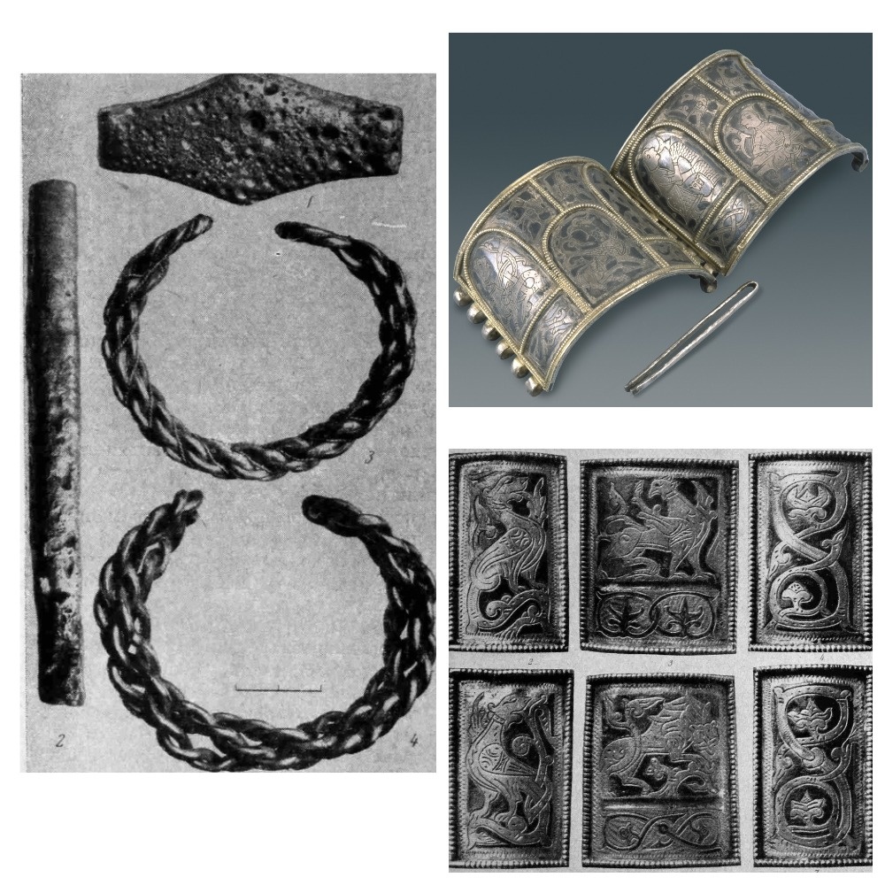 Вещи из клада: гривны, витые браслеты, браслет с чеканным рисунком