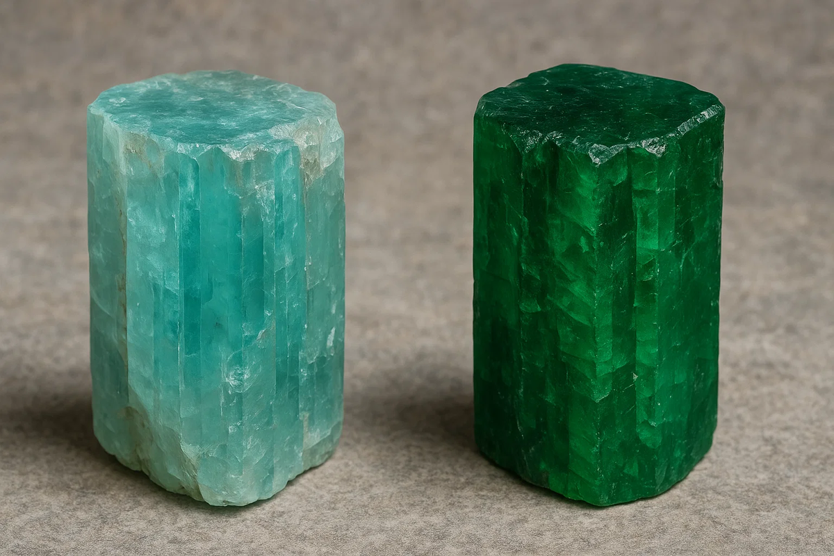 Крупные необработанные кристаллы (слева – аквамарин, справа – изумруд)