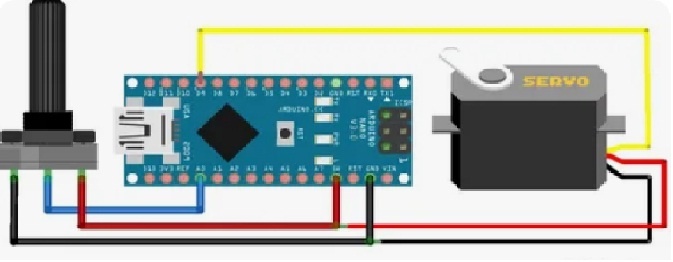 Схема подключения. Сервопривод (желтый провод) - к 9 пину, красный провод к +5В, черный - к GND. Потенциометр (синий провод) - к пину А0, красный - к +5В, черный - к GND.