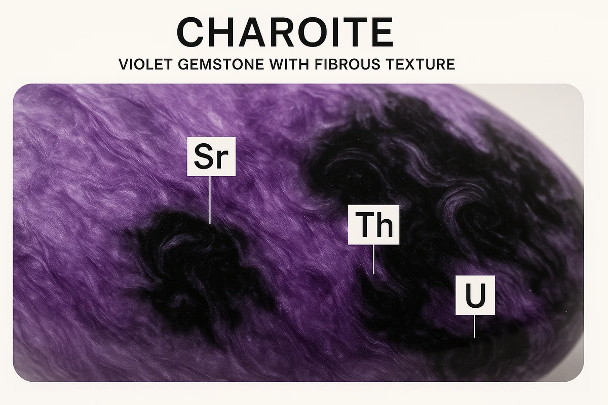 Изделия из чароита – на фото фиолетовый камень с черными вкраплениями. Именно в них часто скрыты радиоактивные изотопы (Sr, Th, U).