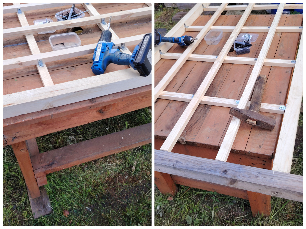 Закрепляем рейки и основу шпалеры