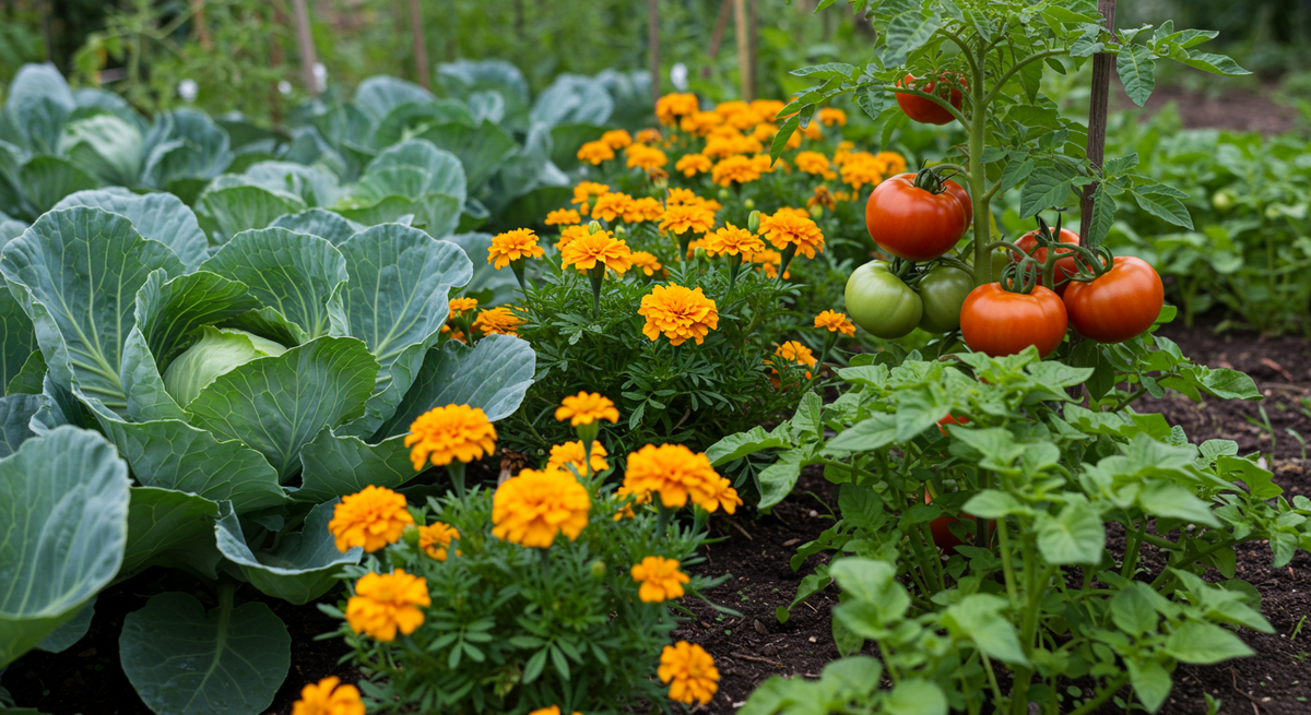Бархатцы между рядами капусты, вокруг томатов