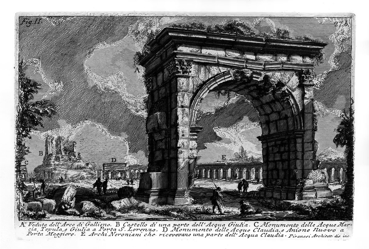 A. вид на арку Галлиена.                                                                                                                           B. замок части воды Джулия.                                                                                                                    C. памятник марсианских вод, Тепула и Джулия в воротах                                                                   С. Лоренцо.                                                                                                                                                D. памятник вод Клаудии и анион Нуово в Порта Маджоре.                                                                E. Неронские арки, получавшие часть воды Клавдии.