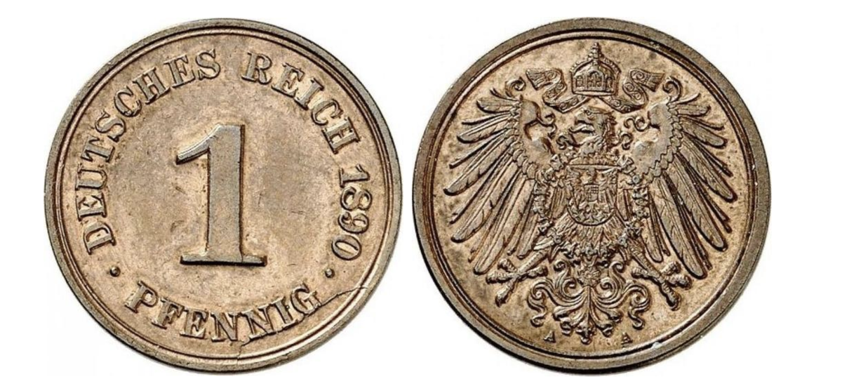 Германская Империя, берлинский монетный двор. Медный 1 пфенниг 1890 года. Вес и диаметр, как у более ранних типов. Изменен внешиний облик орла - "широко распущенные крылья". 