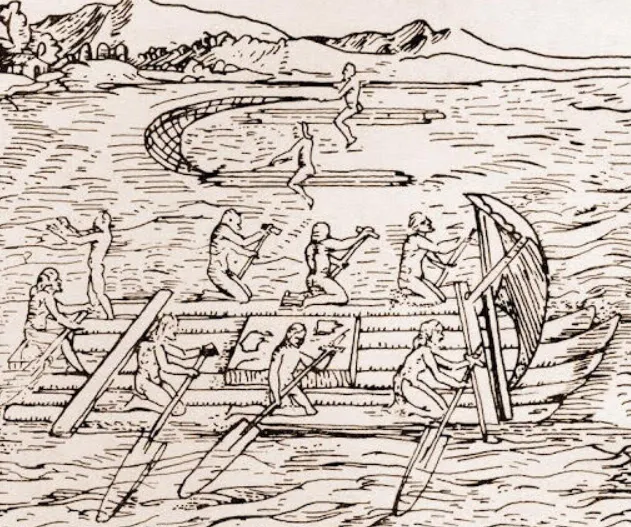 Изображение небольшого плота из бальсы, как описал итальянский купец и путешественник Джироламо Бенцони в XVI веке
