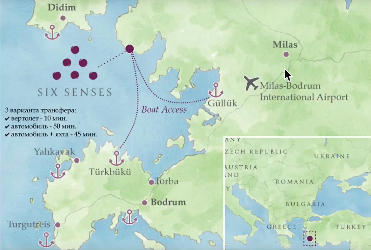 Расположение отеля six senses относительно курортов Эгейского побережья 