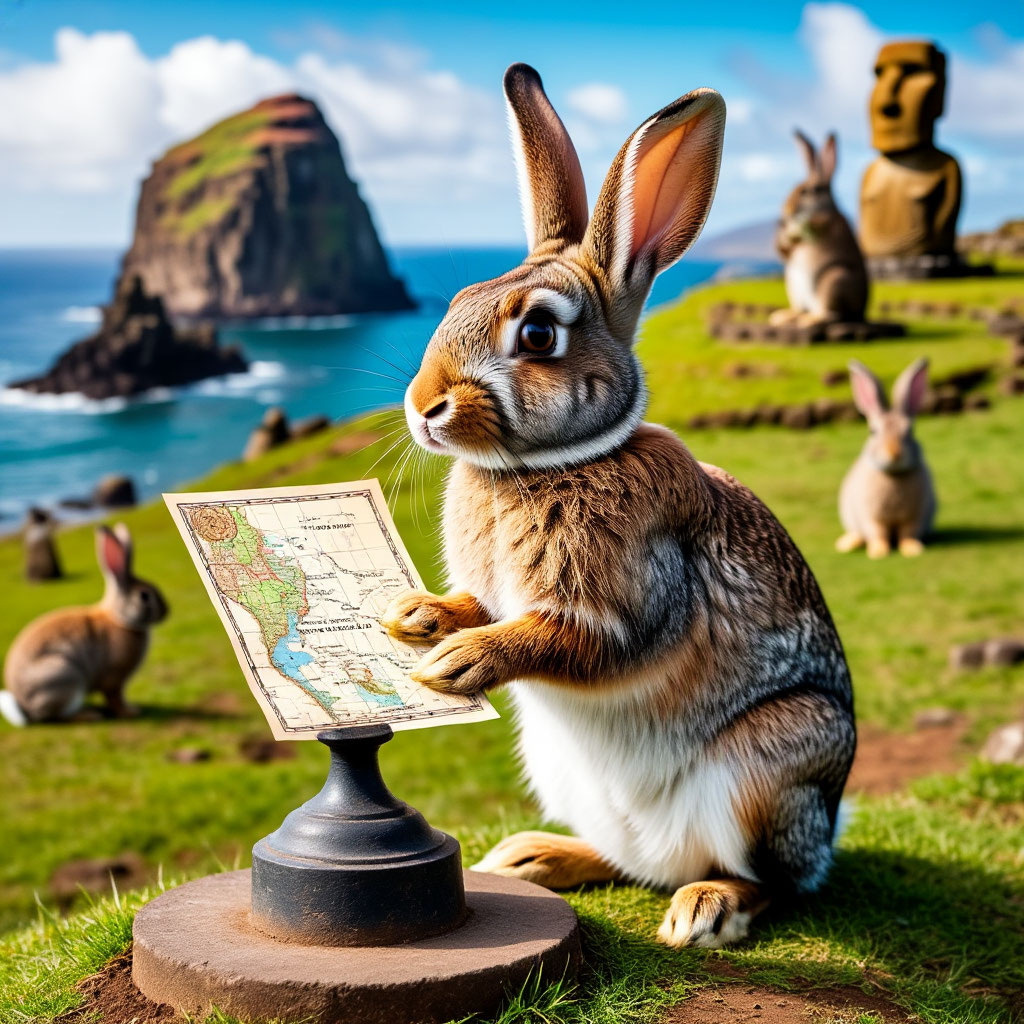 Кролик на карте острова Пасхи планирует, где лучше отобедать