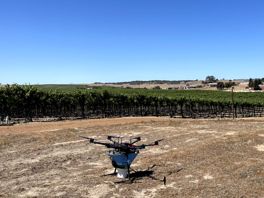 Дрон с удобрениями готовится к взлету
