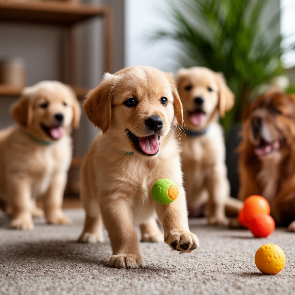 Щенок с большим интересом и радостью приносит игрушку и отдаёт её хозяину, получая в награду ласку и похвалу