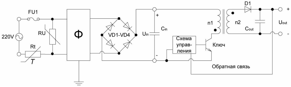 Cхема однотактного преобразователя с обратным включением выпрямительного диода