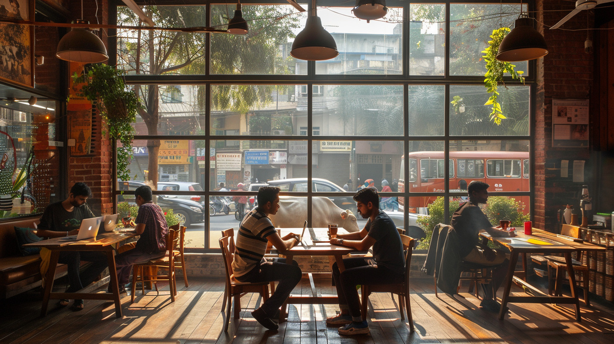 Современное кафе в Бангалоре: здесь рождаются новые идеи и бизнес-истории. За каждым столиком — будущие предприниматели, которые еще не знают, какие удивительные истории скрывает их бизнес.
