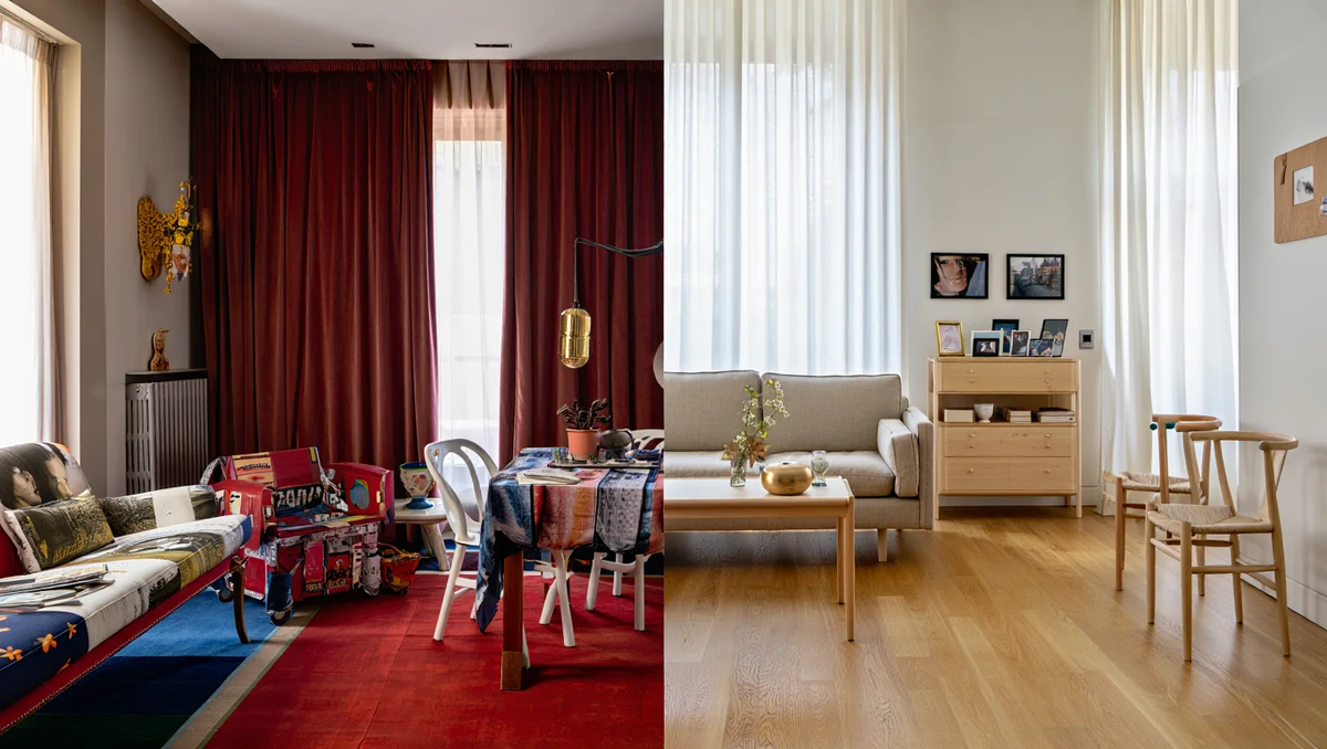 «Две стороны одного интерьера — типичные ошибки vs. современный уют»: пространство, где одна половина комнаты заполнена интерьерными анти-трендами, а другая — гармонией, светом и фактурой натуральных материалов.