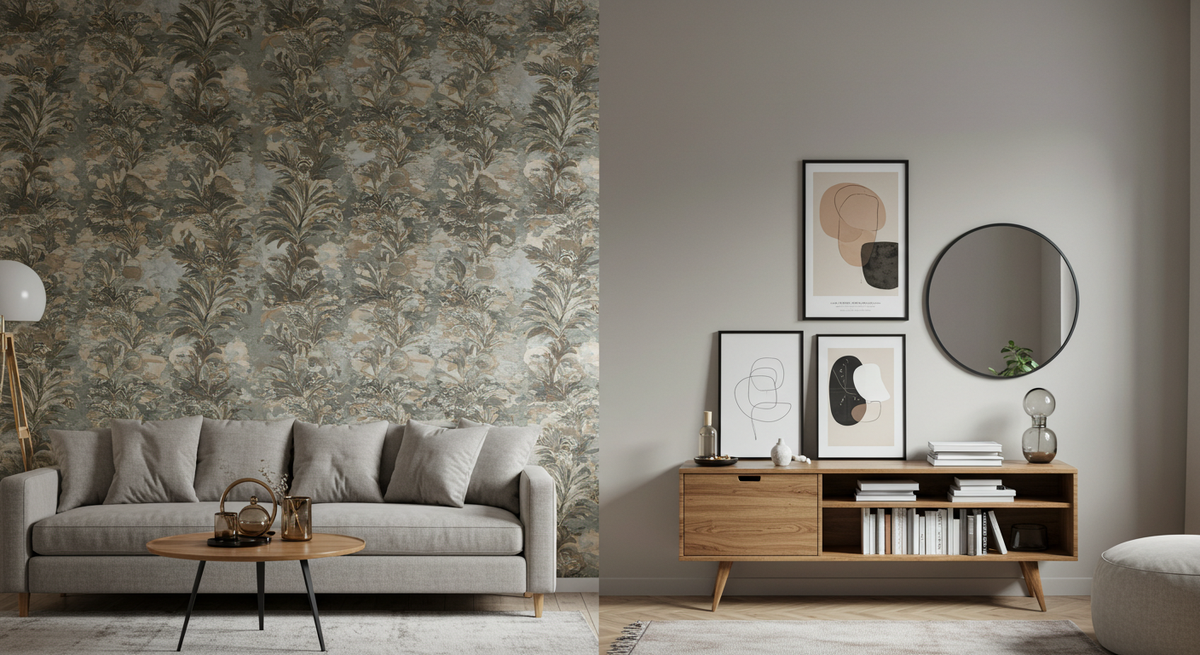 «Фотообои прошлого против современной стены»: визуальное сравнение агрессивно ярких экзотических фотообоев и спокойного, стильного акцентного оформления стены.