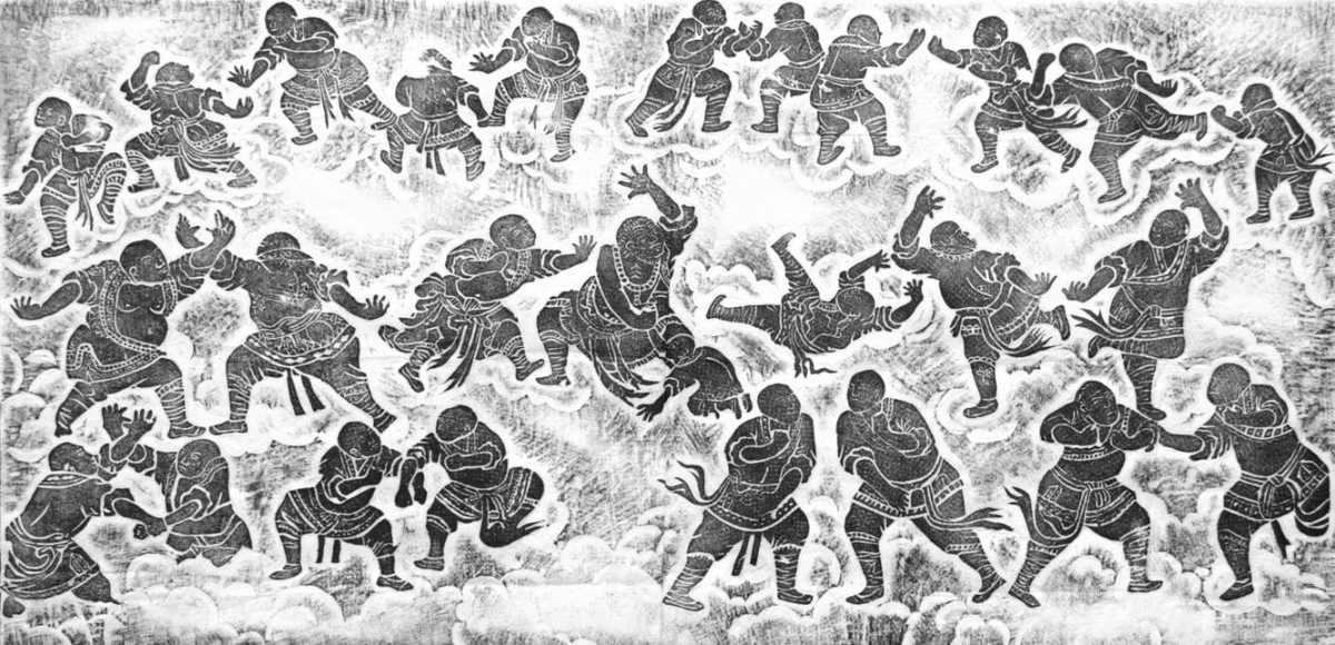 Fot.1.  Практикующие боевые монахи wu seng, odbitka на каменной стелле в  Shaolin sy