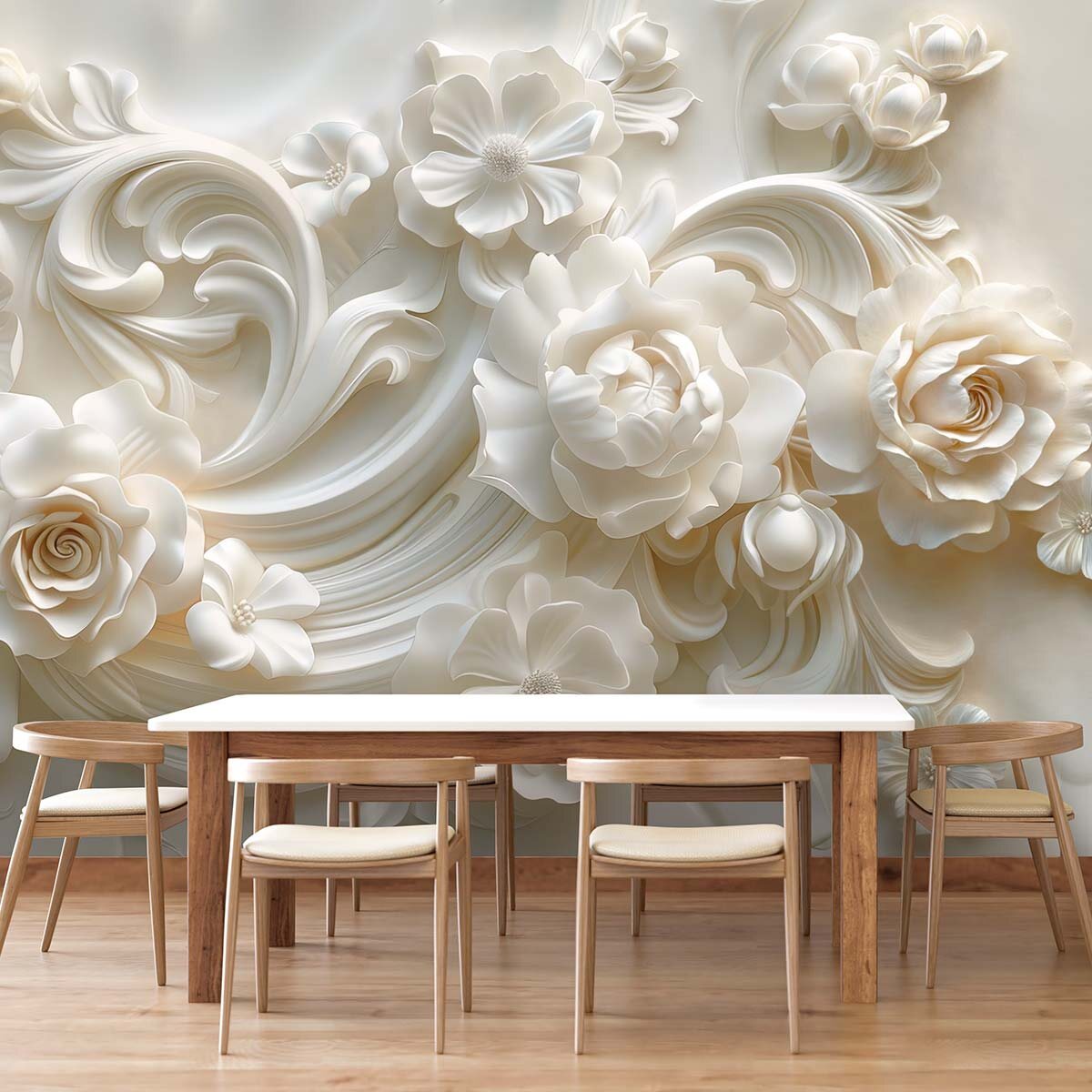 Пример интерьера обеденной зоны кухни-гостинной с фотообоями VEROL. Артикул на Wildberries: 247264813.