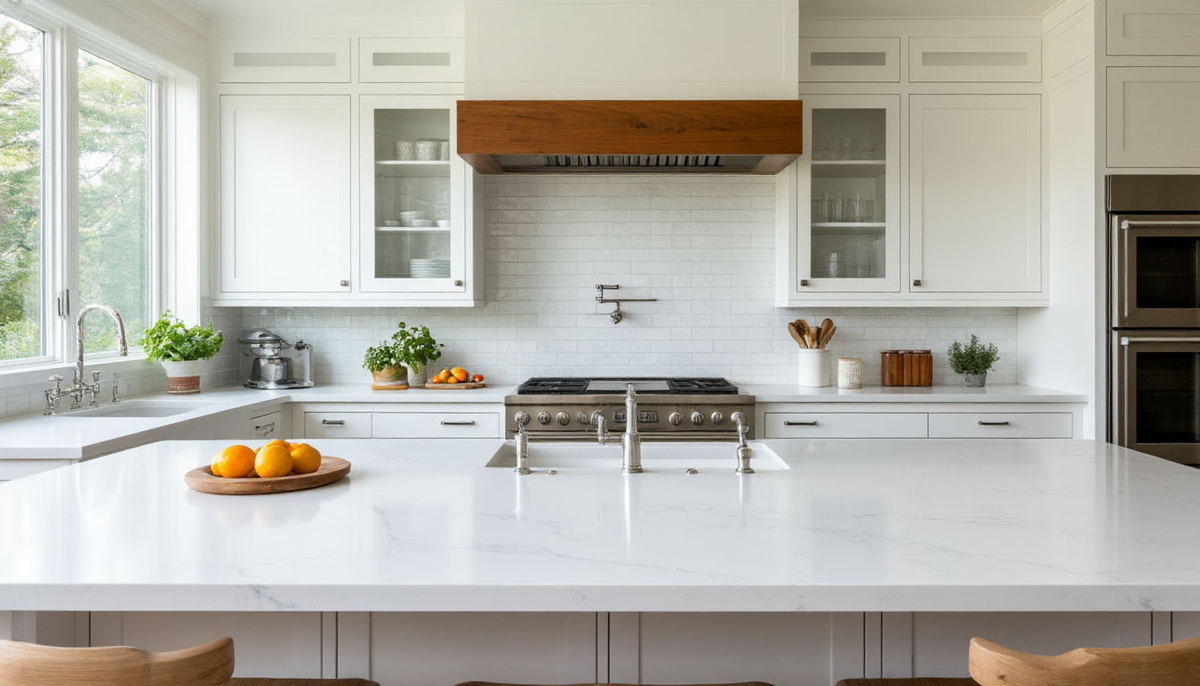 Белая столешница из искусственного камня на белой кухне