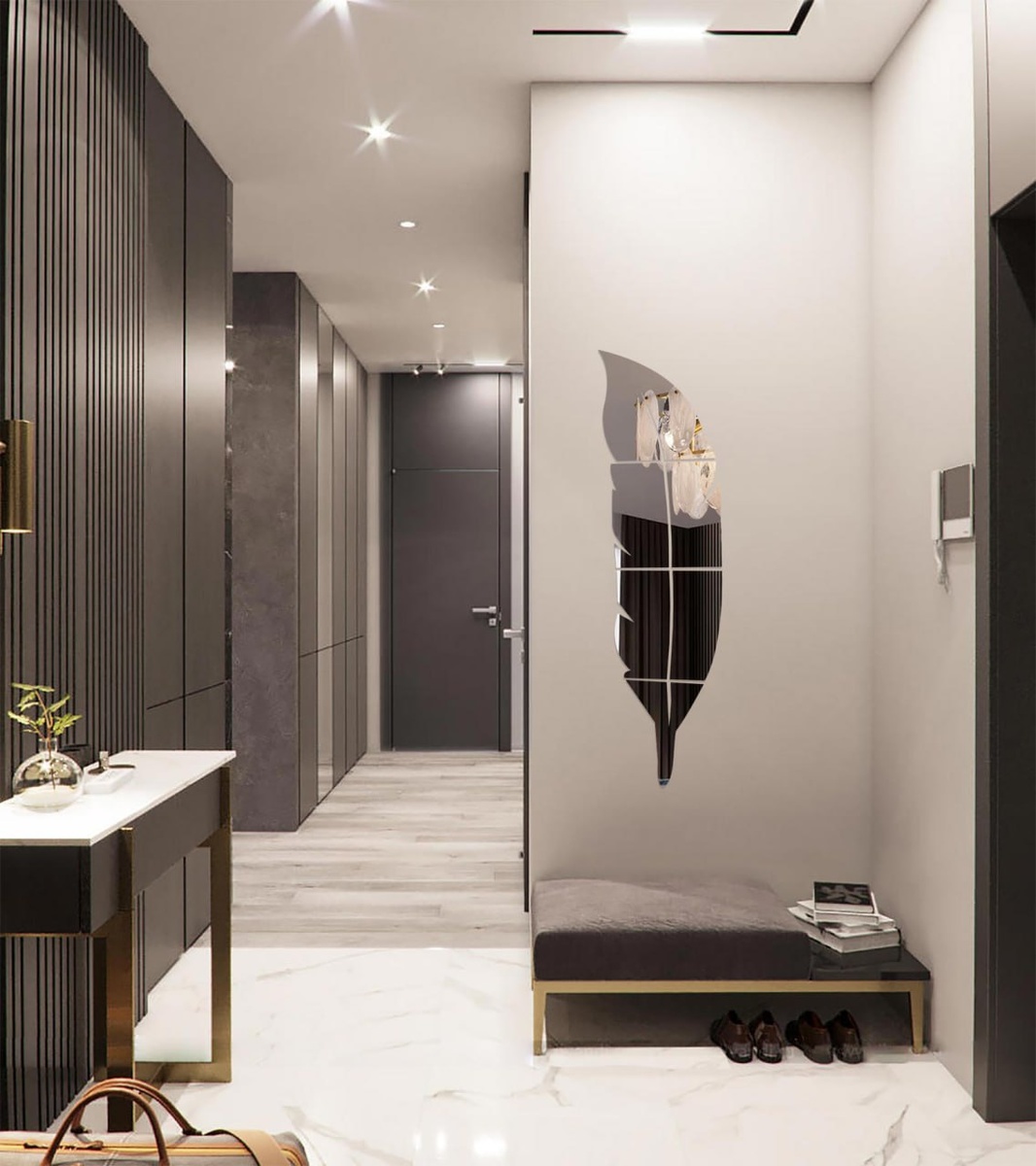 Пример интерьера прихожей с зеркальной интерьерной наклейкой VEROL. Артикул на Wildberries: 337047043.