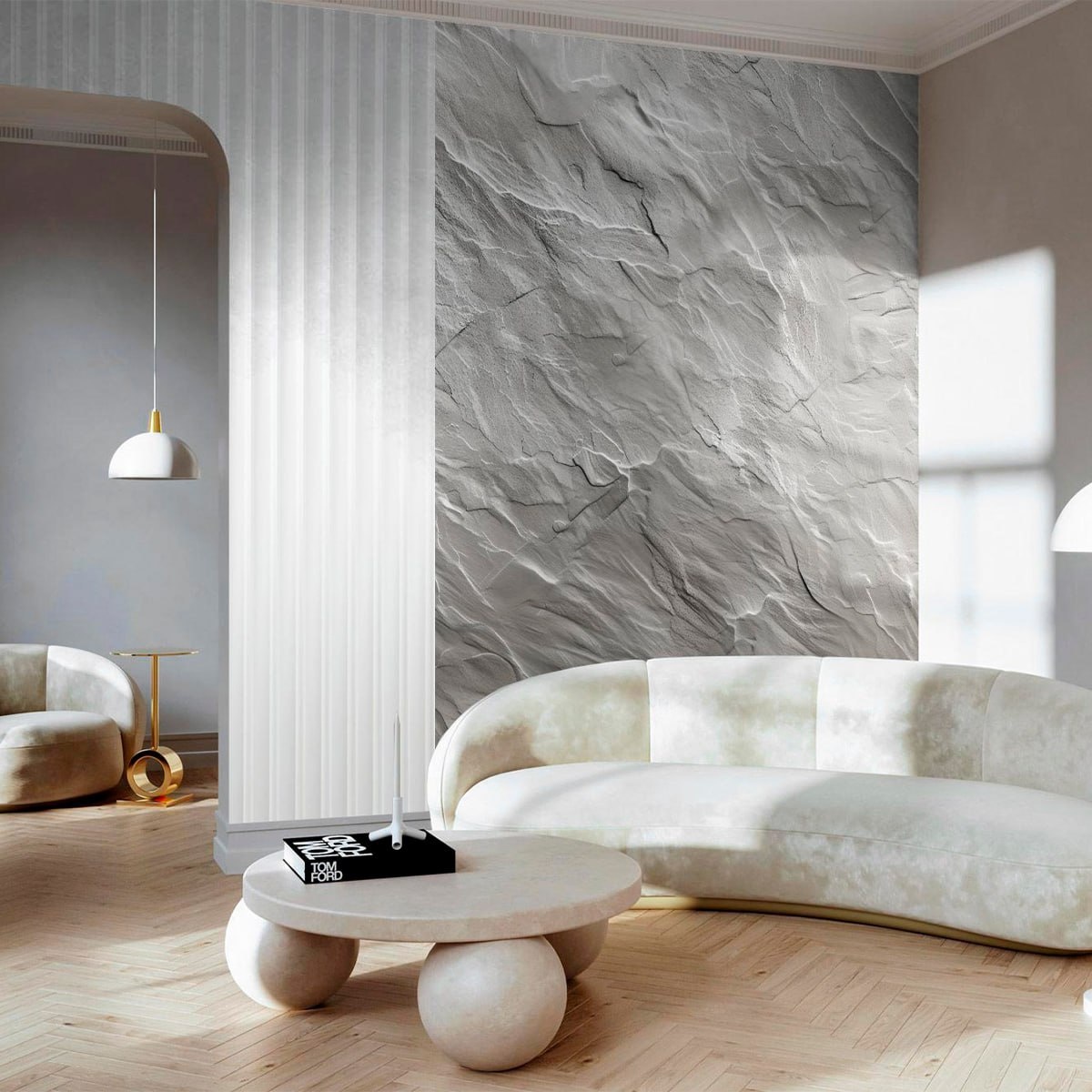 Пример сочетаний фактур в интерьере с фотообоями VEROL. Артикул на Wildberries: 257942179.